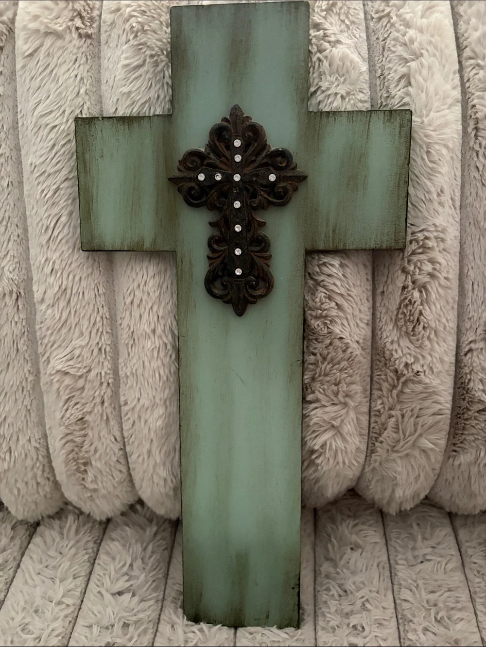 Mint Wood Wall Cross with Ornate Dark Accent